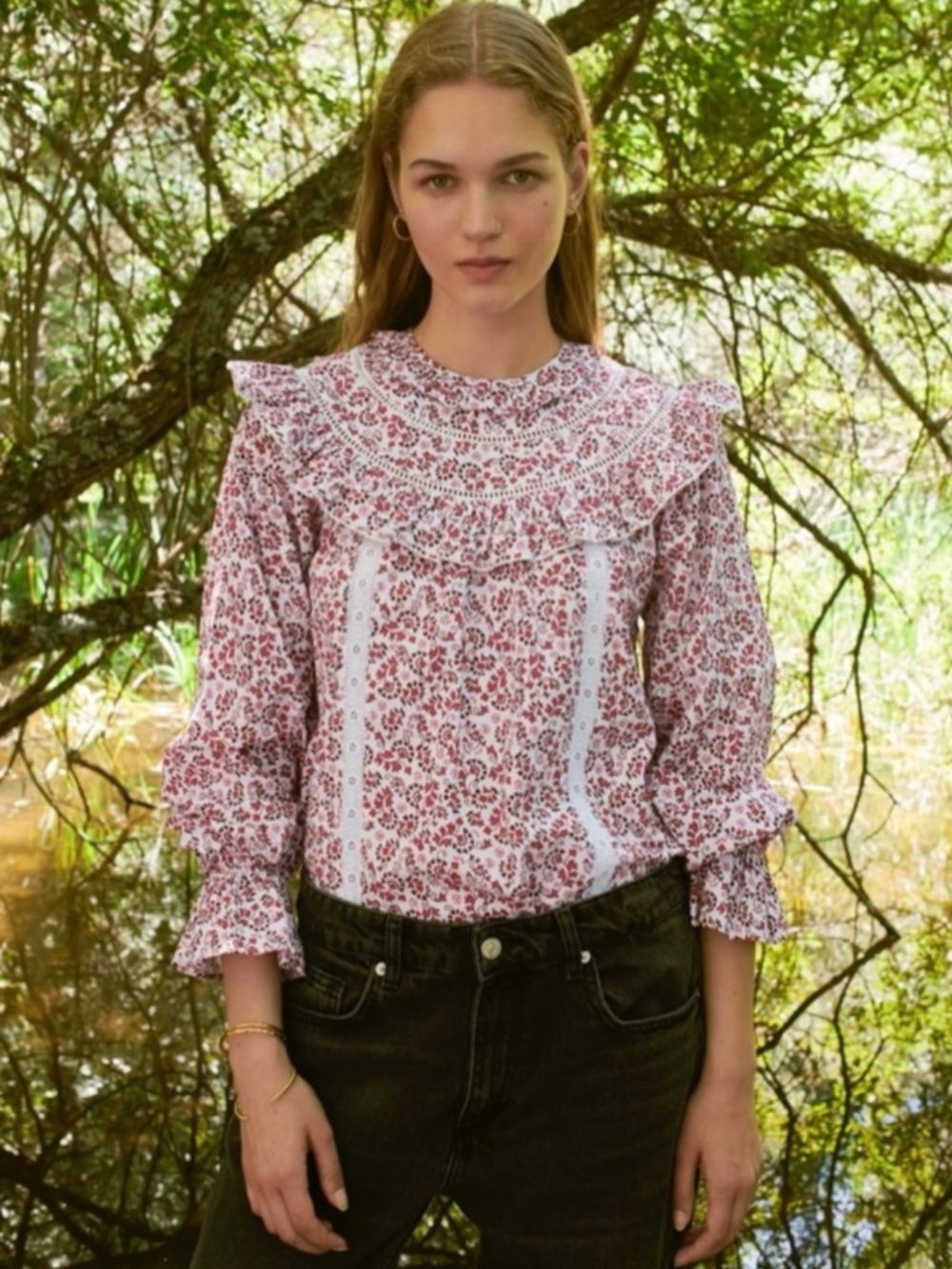 Sonmer Carmen Ruffled Floral Lace Trim Blouse Pink Burgundy Size Small